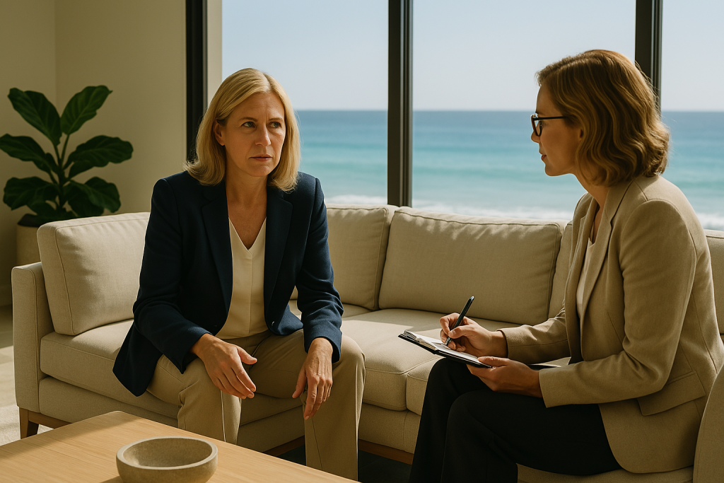 A business lady talking to a therapist at a mental heath treatment ceneter.