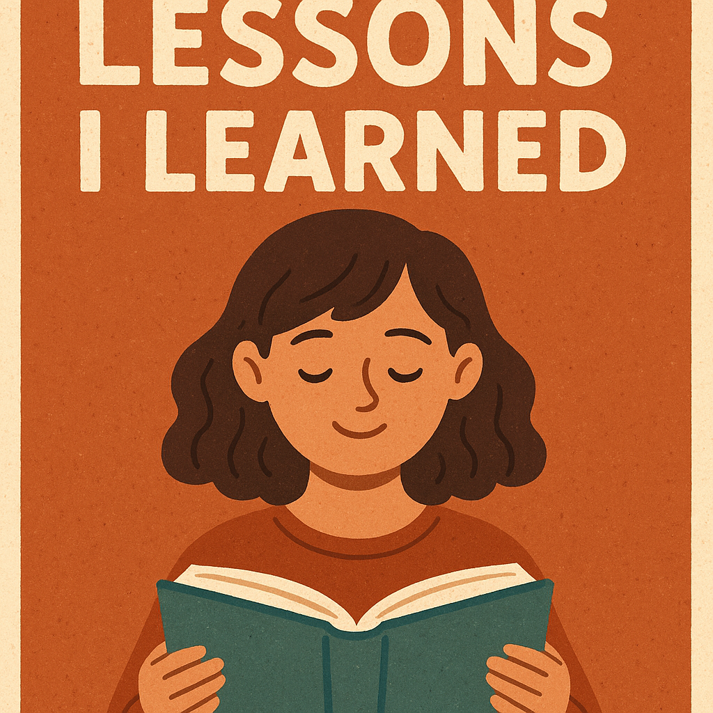 illustration of someone reading with "lessons i learned" in text above her