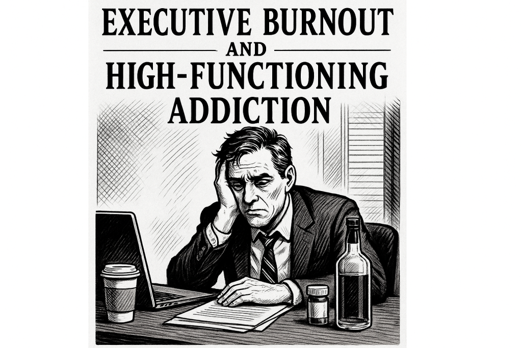 illustration of executive burn out coping with pills and alcohol