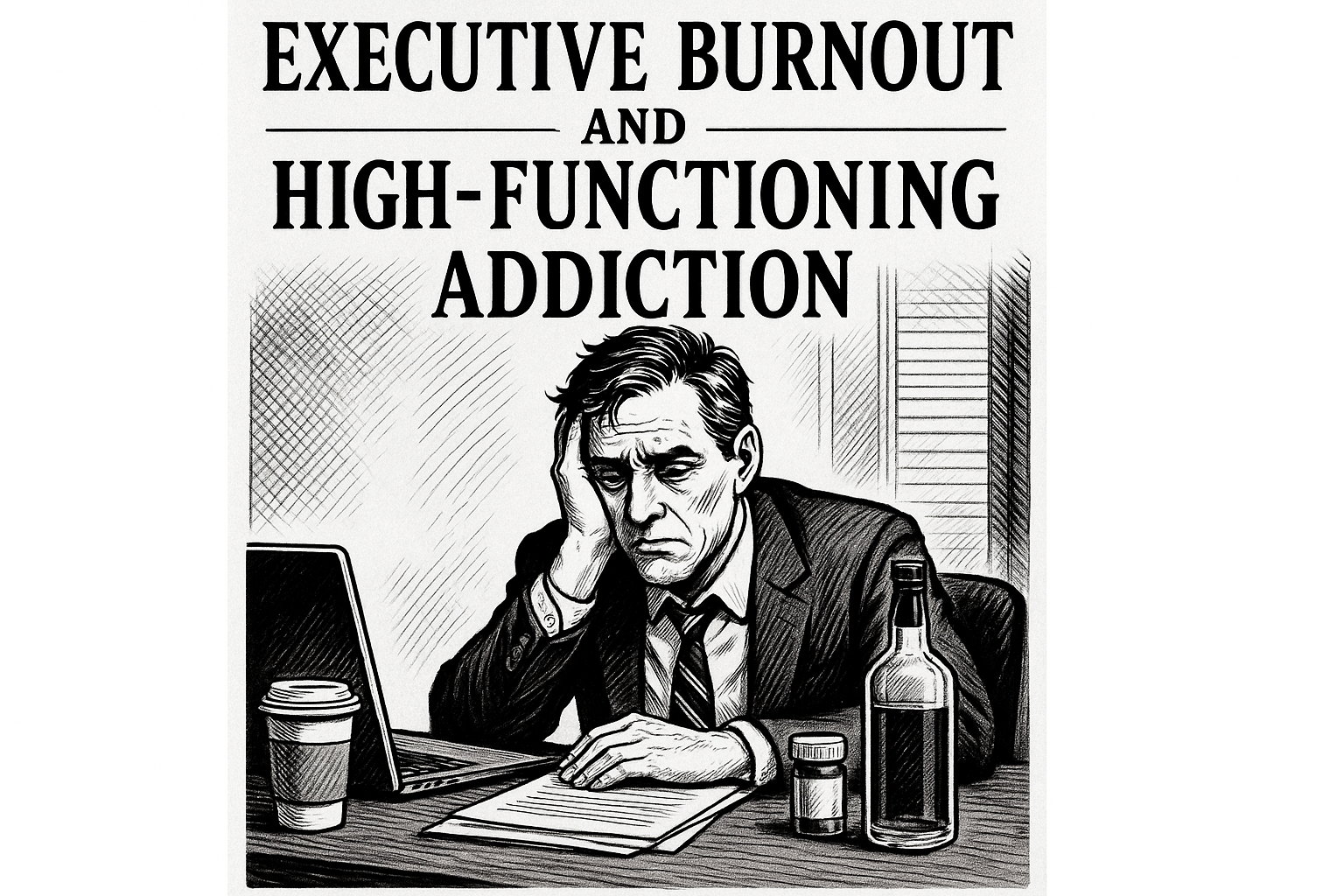 illustration of executive burn out coping with pills and alcohol
