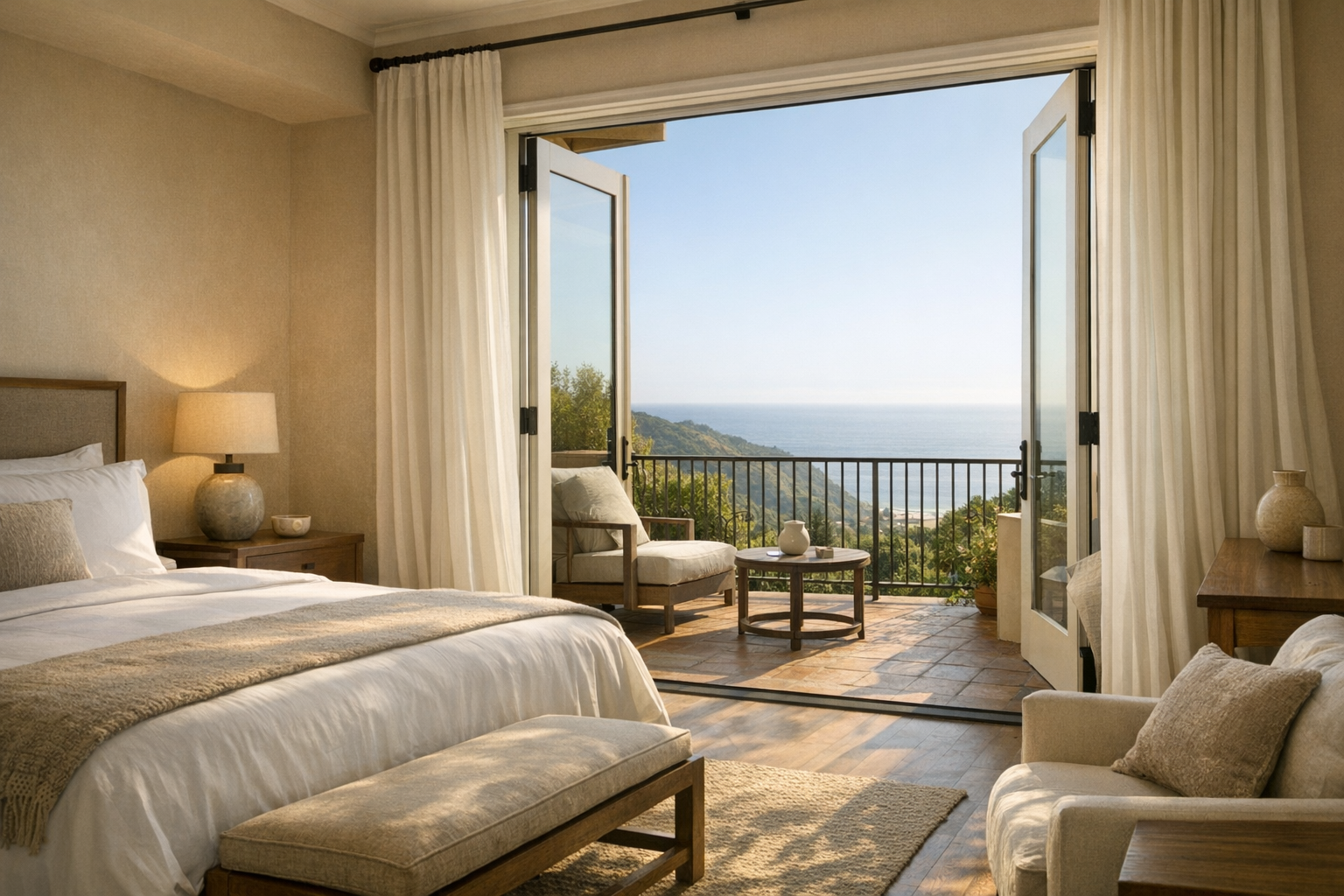 High-end room with terrace door open to greenery.