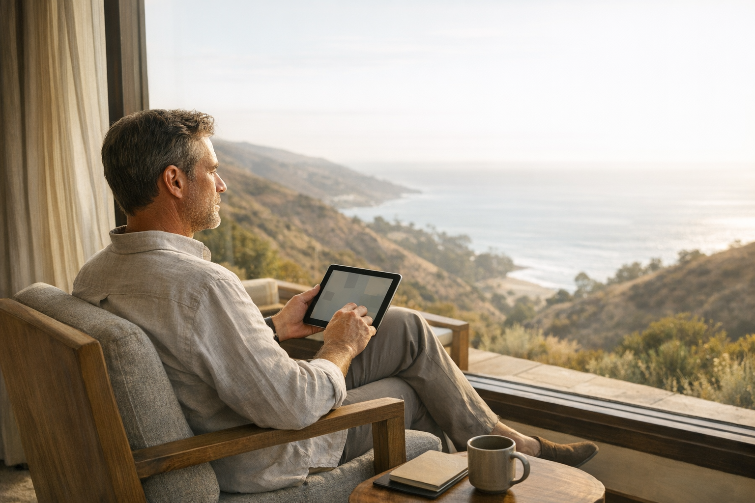 Person in business casual at window, coastal view.