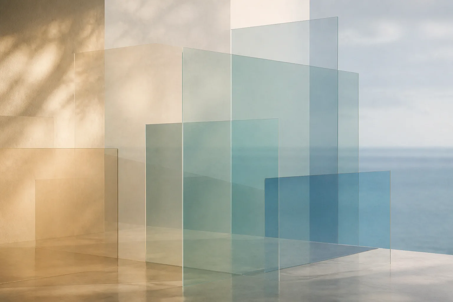 Layered geometric shapes in calm colors symbolizing licensing complexities.