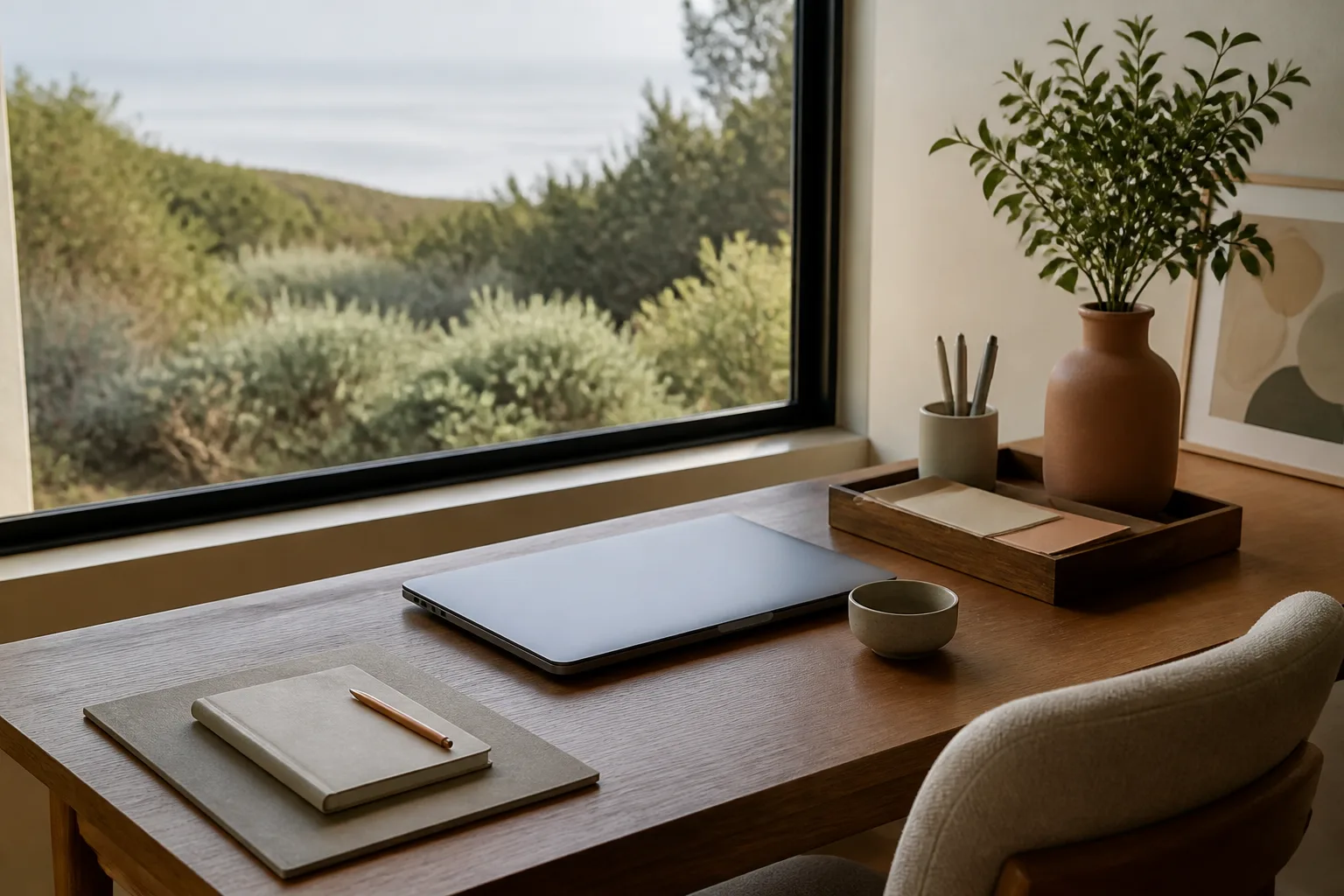 Serene, softly lit workspace with desk and view of coastal sage.