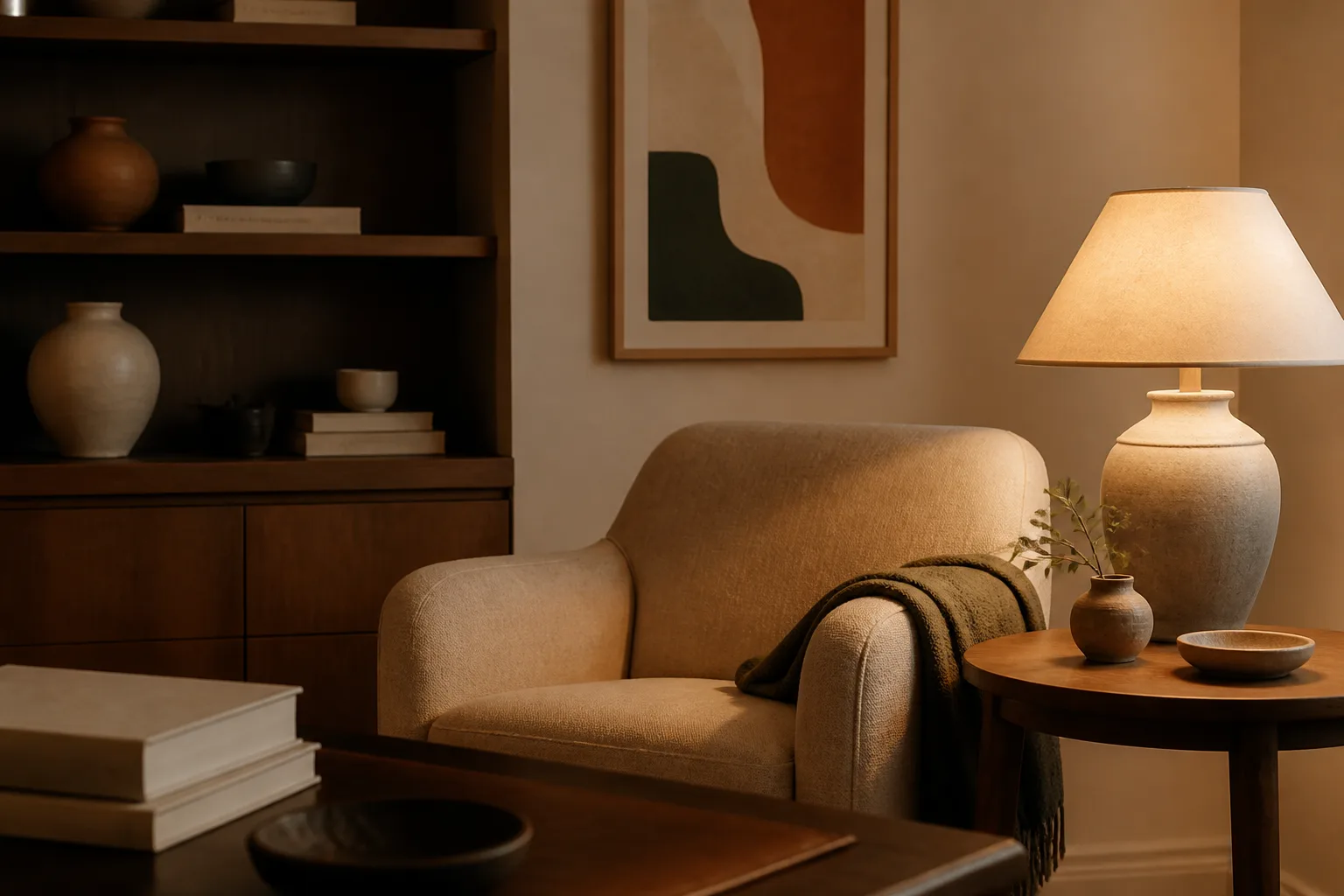 A private study with armchair and side table under warm lamplight.