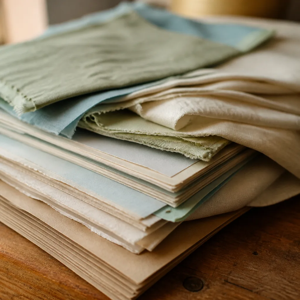 Close-up of layered textiles or papers on a wooden surface.
