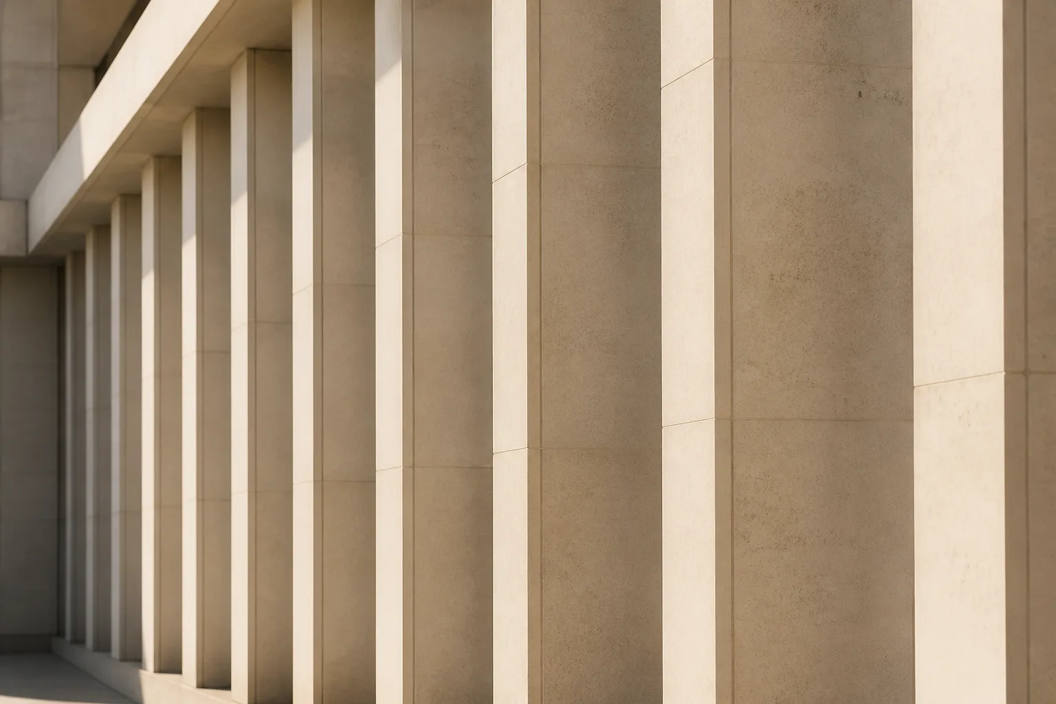 Close-up of a repeating architectural facade with columns in warm daylight.