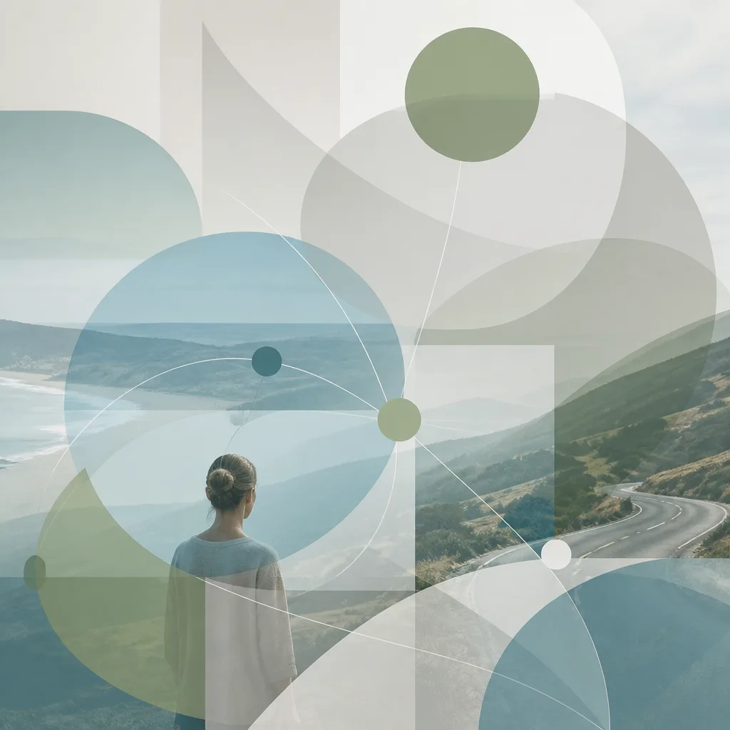Layered geometric shapes in sage, grey, and blue symbolizing search complexity.