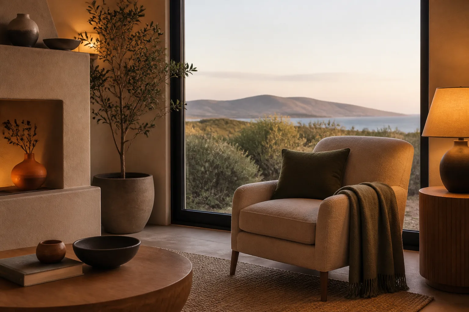 Inviting living room with armchair and window view of coastal sage and hills.
