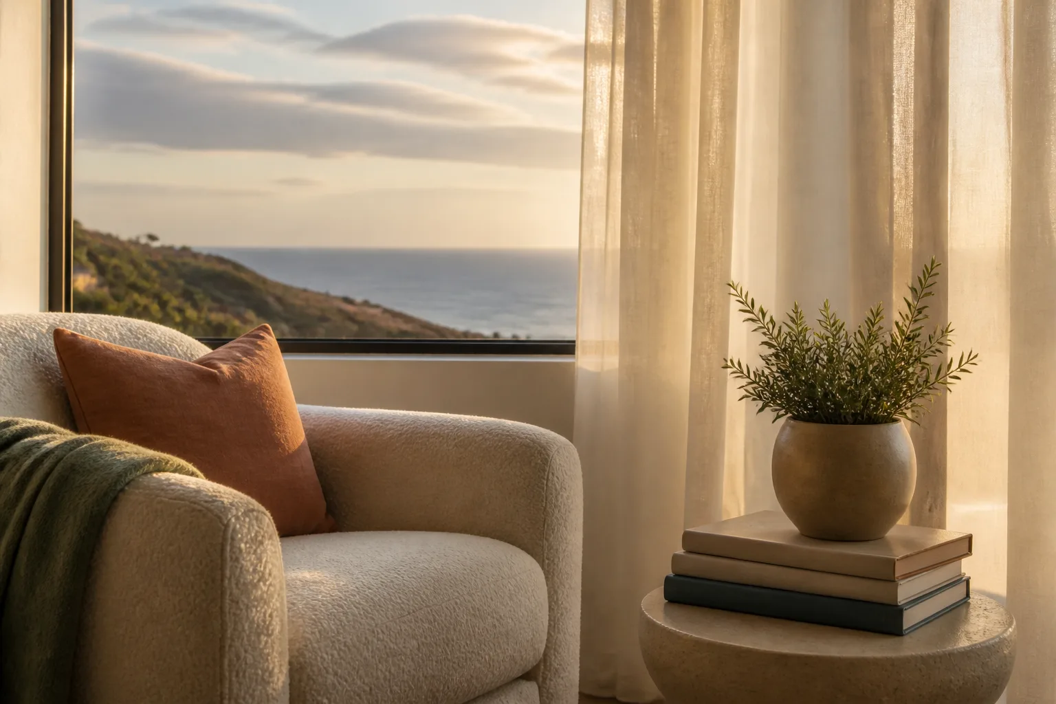 A cozy room with an armchair by a window overlooking the Pacific horizon.
