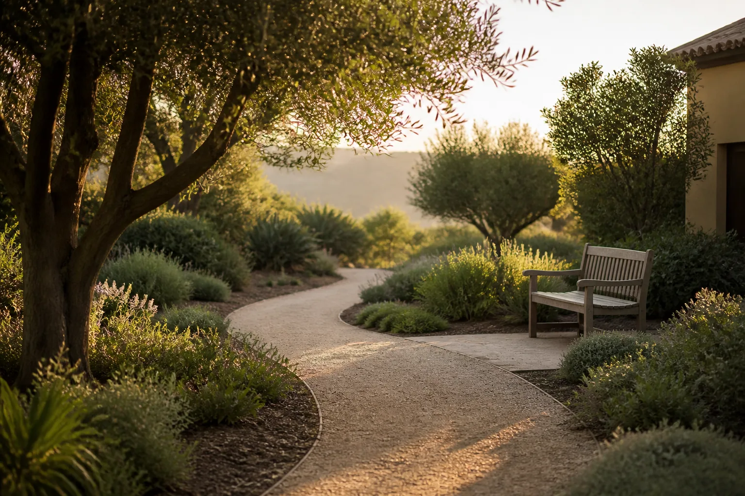 A garden with pathways and a bench surrounded by native California plants in soft light.