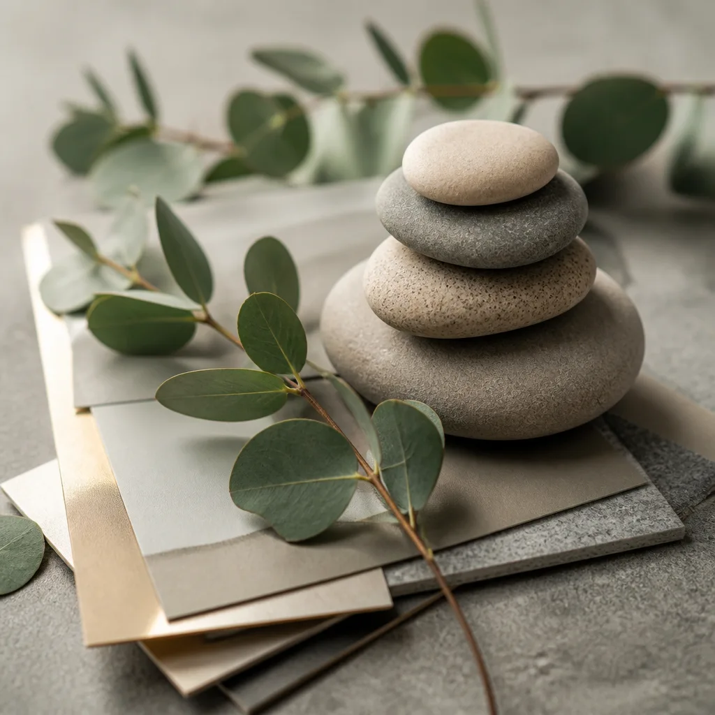 Close-up of stacked stones and eucalyptus leaves on a grey surface, symbolizing balance.