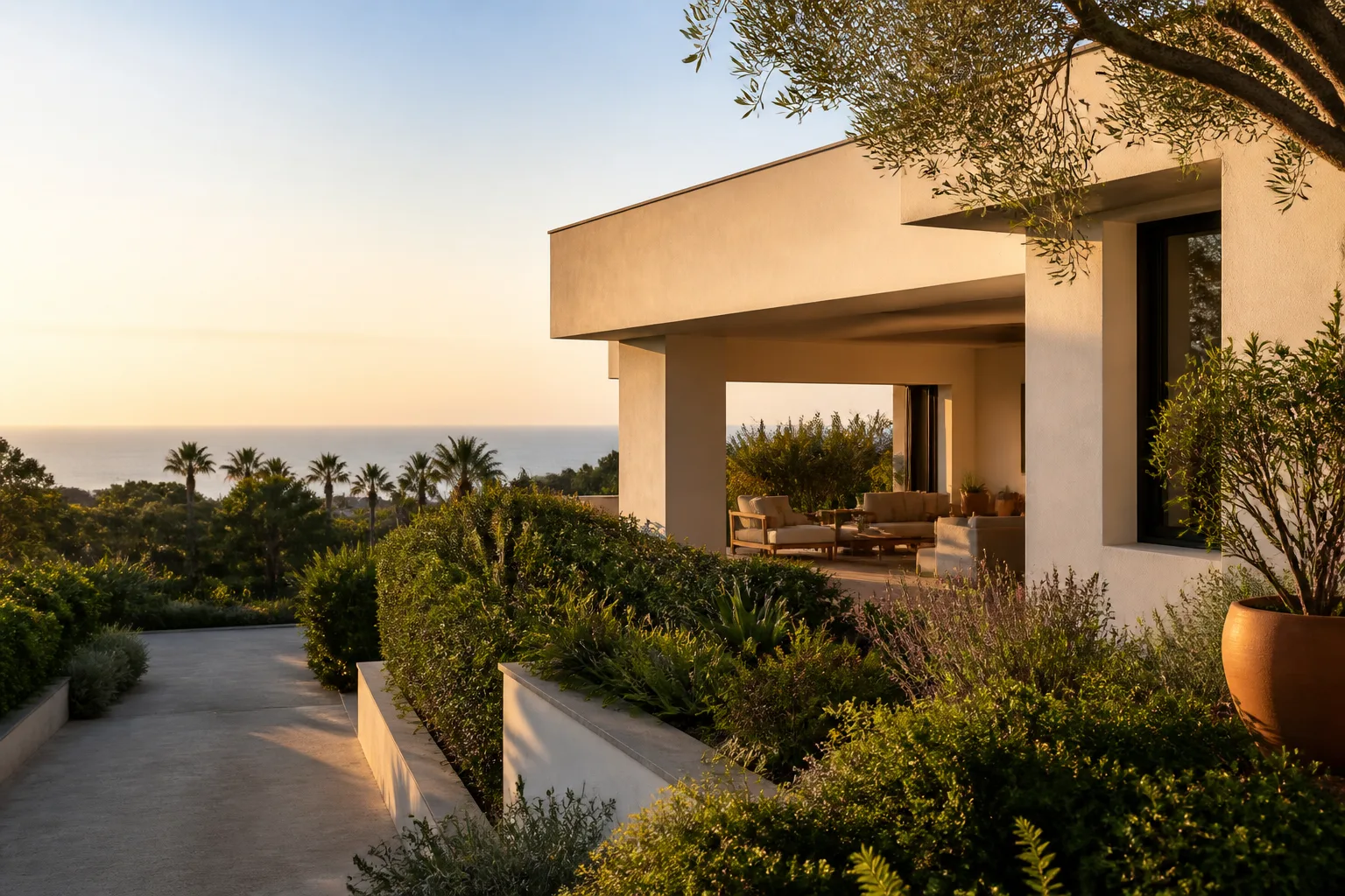 Modern luxury sober living home surrounded by greenery at golden hour.