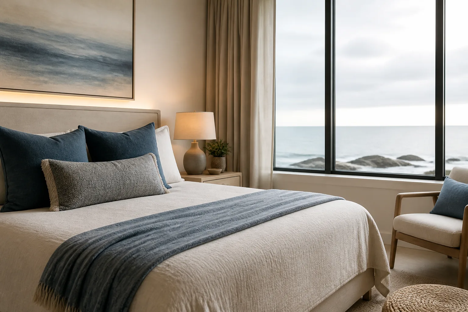 Tastefully designed bedroom with minimalist furnishings and soft light.