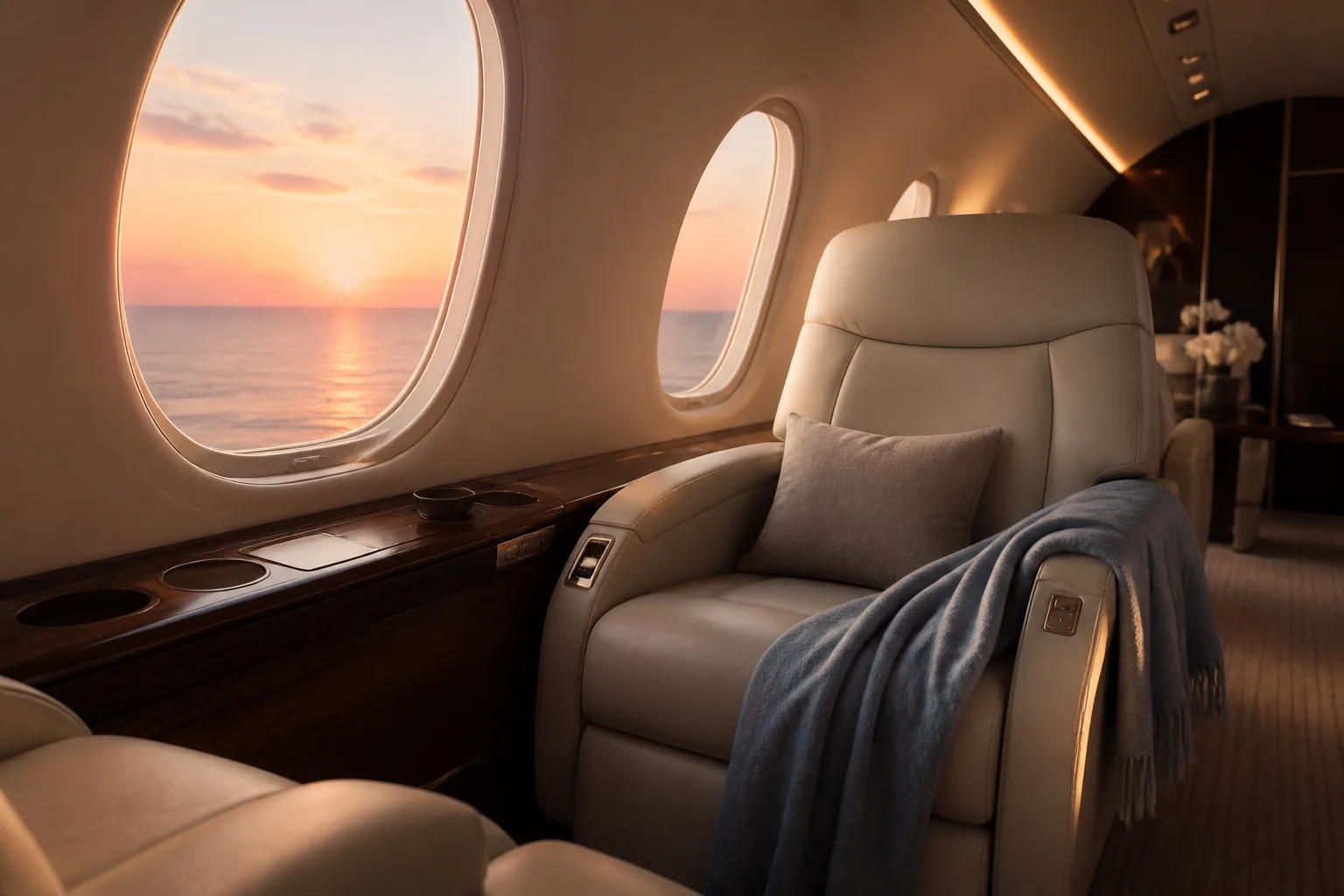 Luxurious private jet interior with sunset view over Pacific.