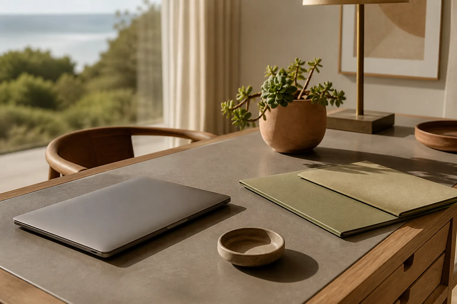 Travel coordination desk with laptop, folders, and succulent.