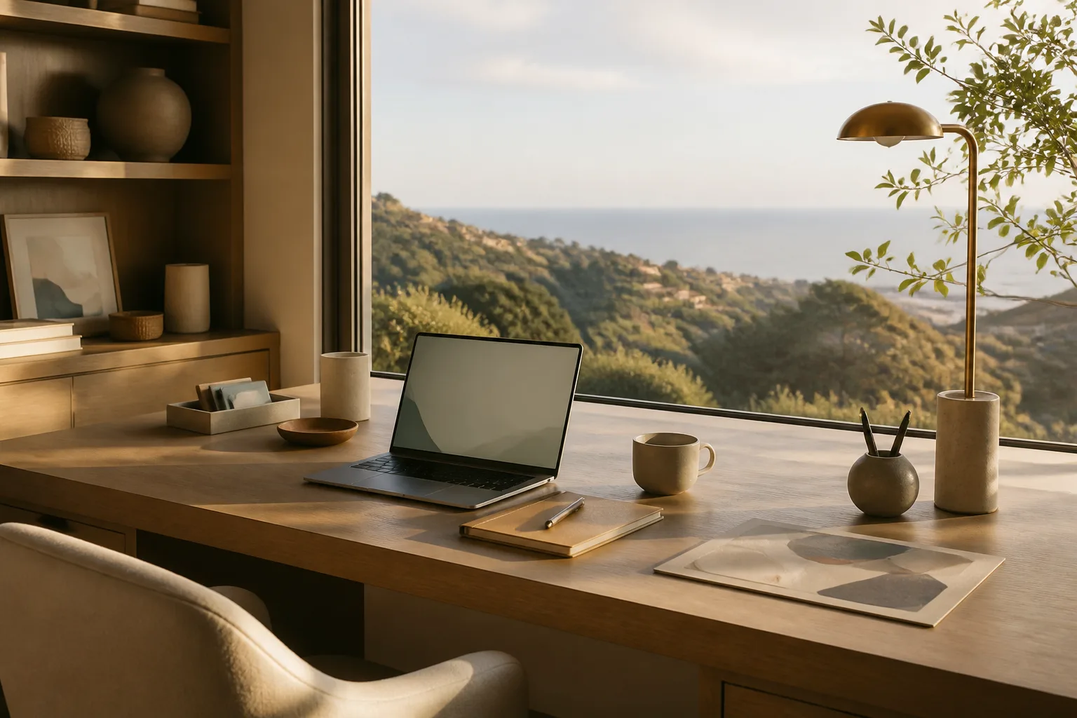 Serene home office with view of hills, suggesting a high-achieving family.