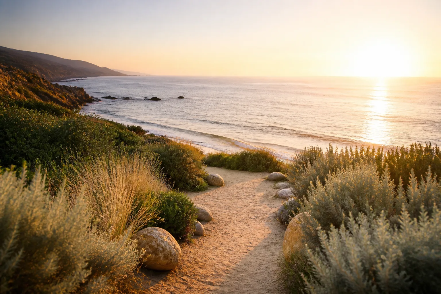 Serene coastal path with sage and ocean at golden hour.
