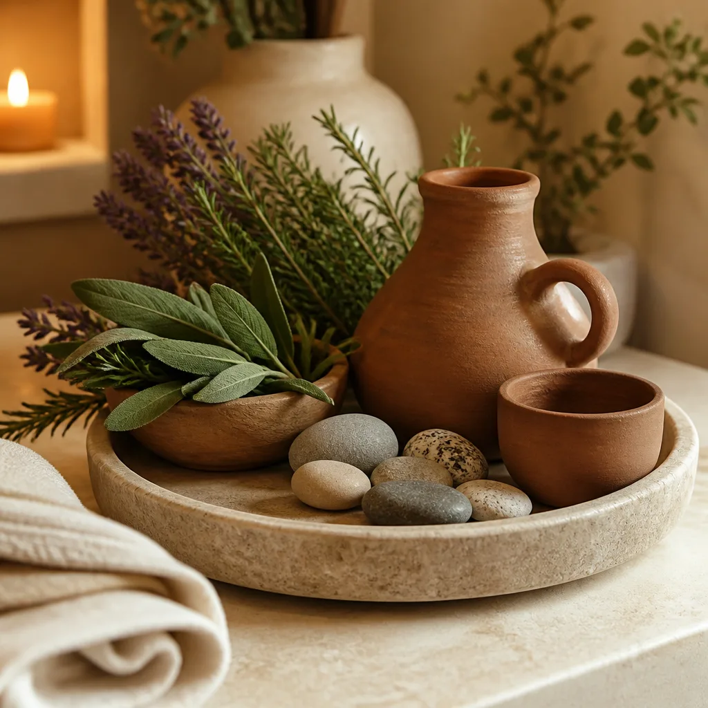 Close-up of herbs, stones, and pottery in warm interior light.