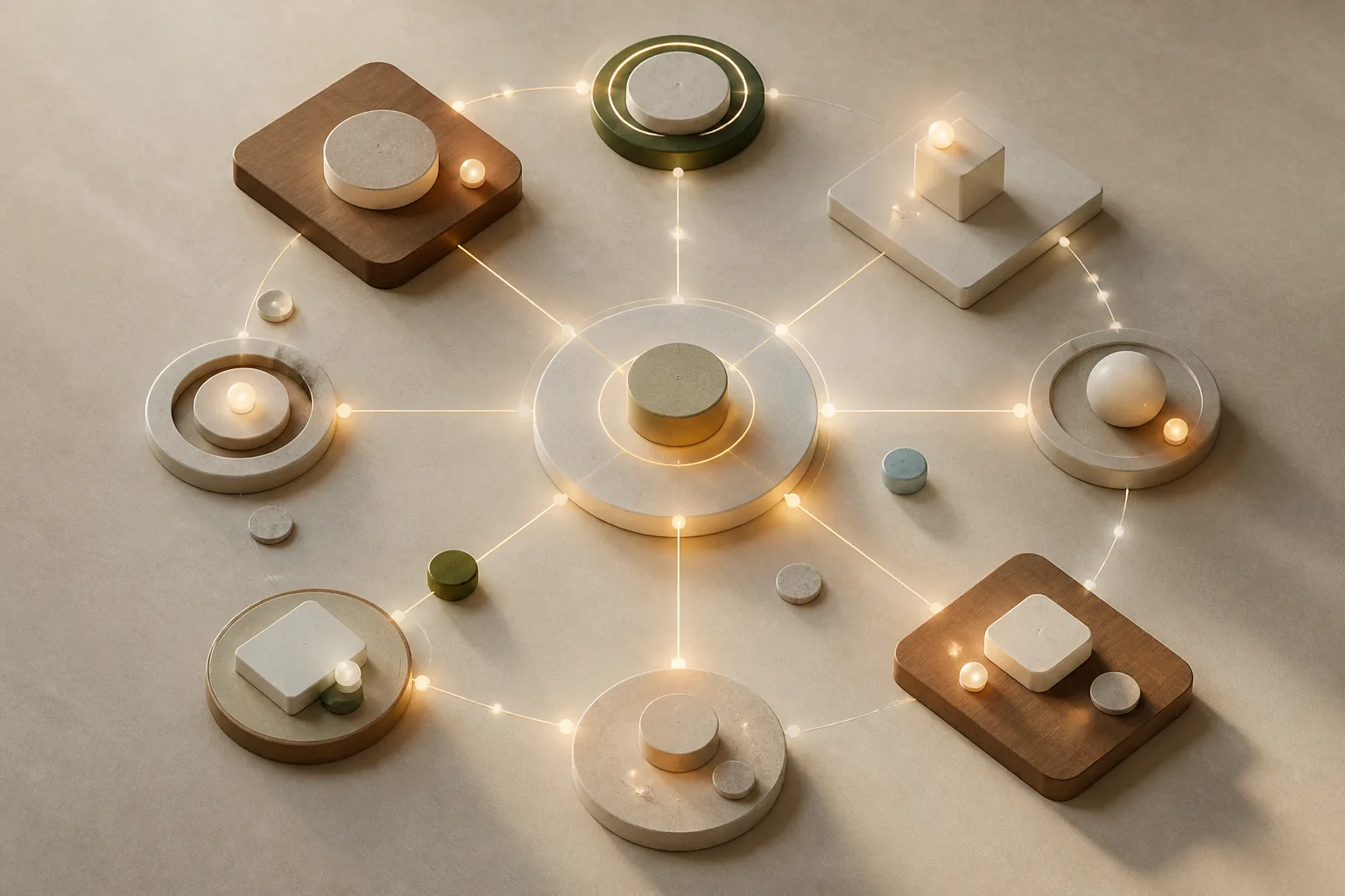 Interconnected nodes in warm colors symbolizing a complex process.